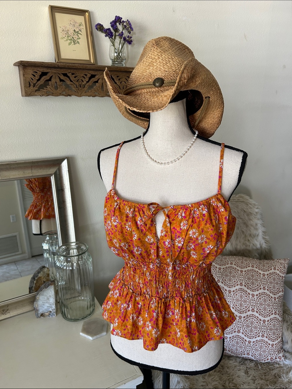 WAYF vibrate, orange, pink floral, mocked ruffle milk made cotton crop tank L
